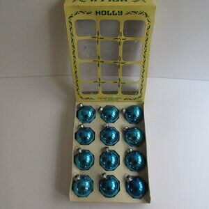 HOLLY Shiny Blue Glass Christmas Ball Ornaments 1.75" Made in USA Box of 12 Vtg